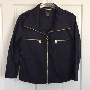 Dana Buchman Navy Cinch Waist Lightweight Cropped Jacket Gold Detail Coat Sz S